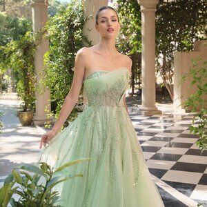 New Sage Strapless Beads Embellished A-Line Dress w/ Beaded Bodice CD A1491